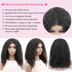 Brazilian Kinky Curly Glueless Wig - Wear And Go, 6x4 HD Lace Closure Wig, Pre-Cut, 100% Human Hair, Ready To Wear