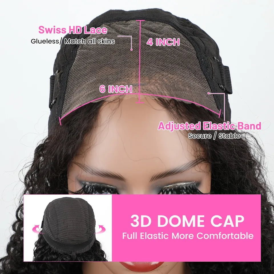 Brazilian Kinky Curly Glueless Wig - Wear And Go, 6x4 HD Lace Closure Wig, Pre-Cut, 100% Human Hair, Ready To Wear