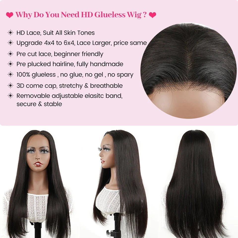 Brazilian Straight Human Hair Wig - Glueless, Ready To Wear, 6x4 Lace Front Pre Cut, No Glue HD Wig