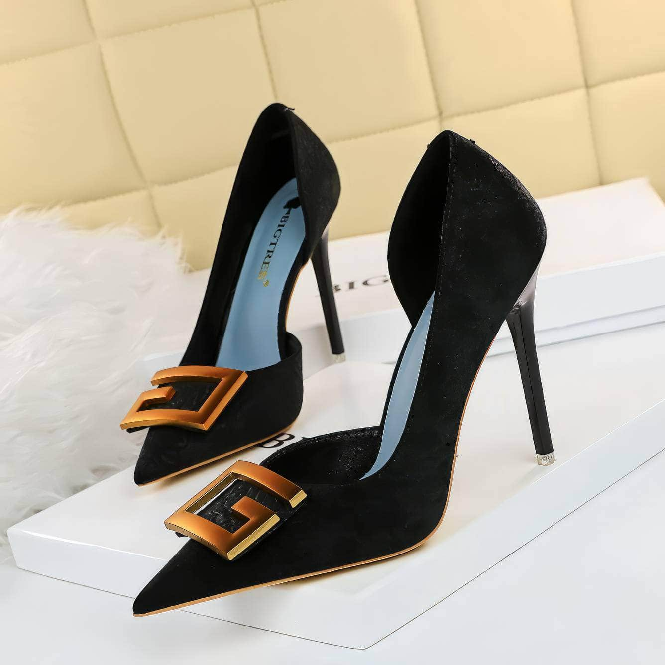 Bronze Metal Cut-Out Ankle Suede Stilettos