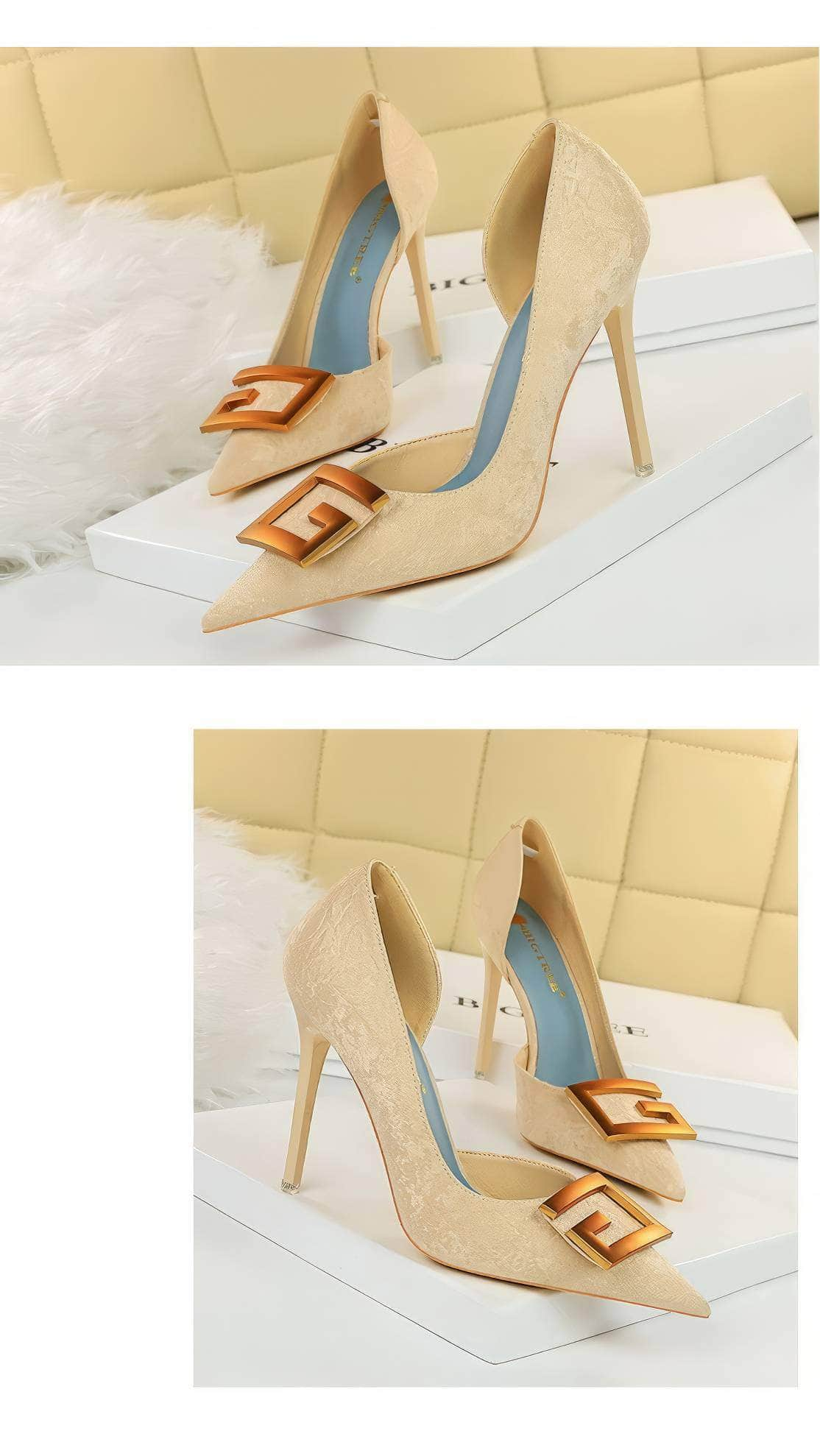 Bronze Metal Cut-Out Ankle Suede Stilettos