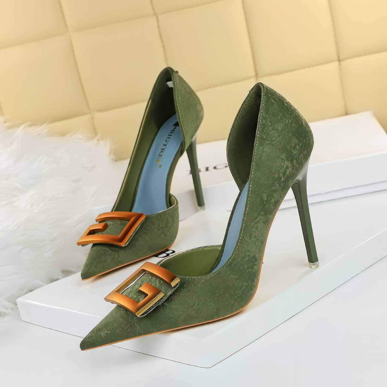 Bronze Metal Cut-Out Ankle Suede Stilettos EU 33 / Green / 7CM