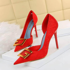 Bronze Metal Cut-Out Ankle Suede Stilettos EU 33 / Red / 7CM