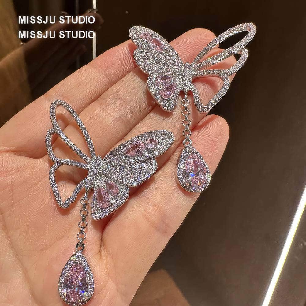 Butterfly Pink Crystal Teardrop Statement Earrings Pink