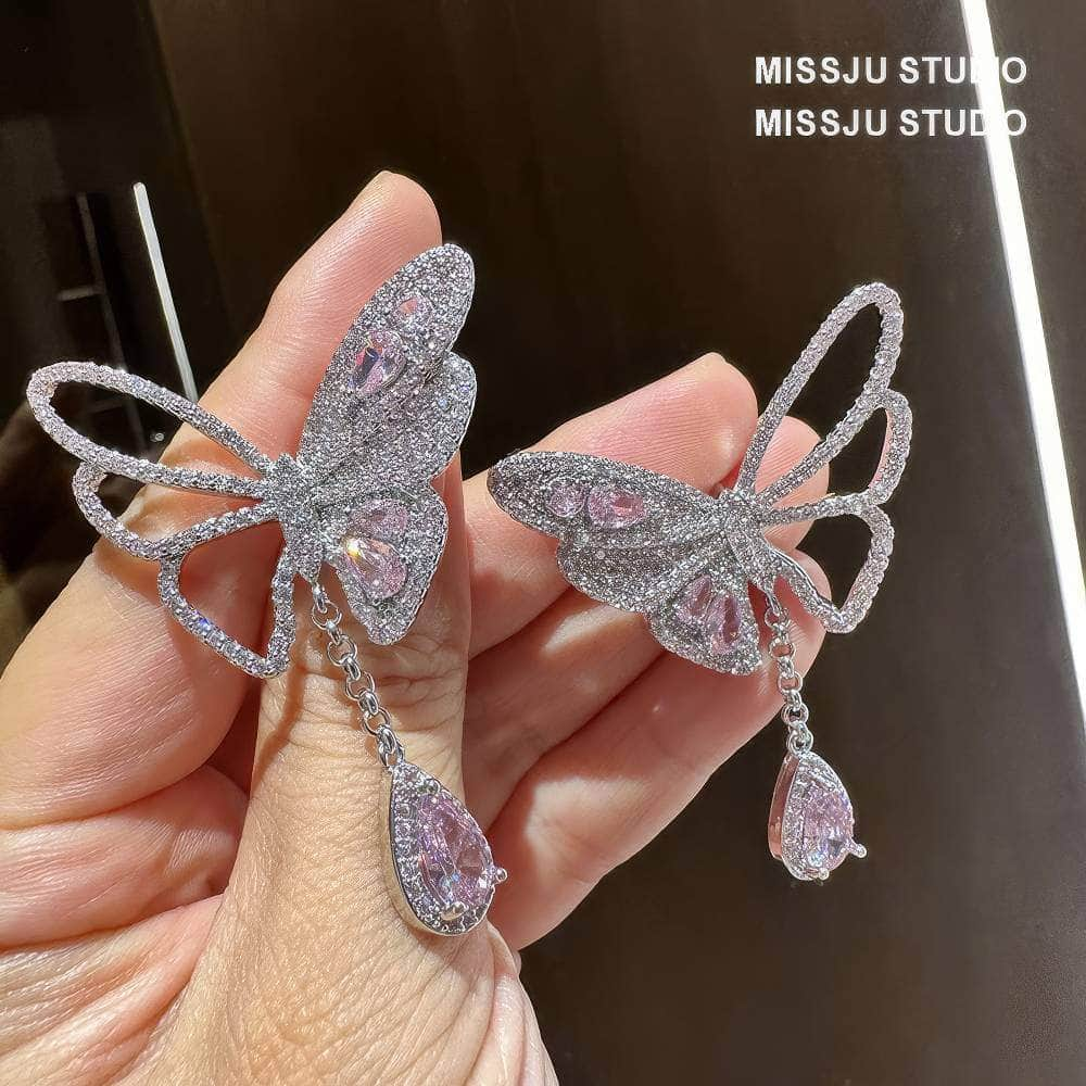 Butterfly Pink Crystal Teardrop Statement Earrings Pink