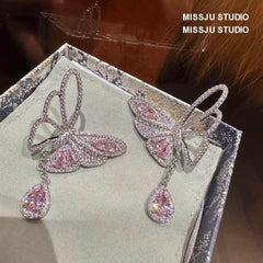 Butterfly Pink Crystal Teardrop Statement Earrings Pink