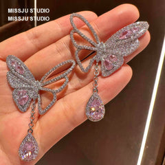 Butterfly Pink Crystal Teardrop Statement Earrings Pink