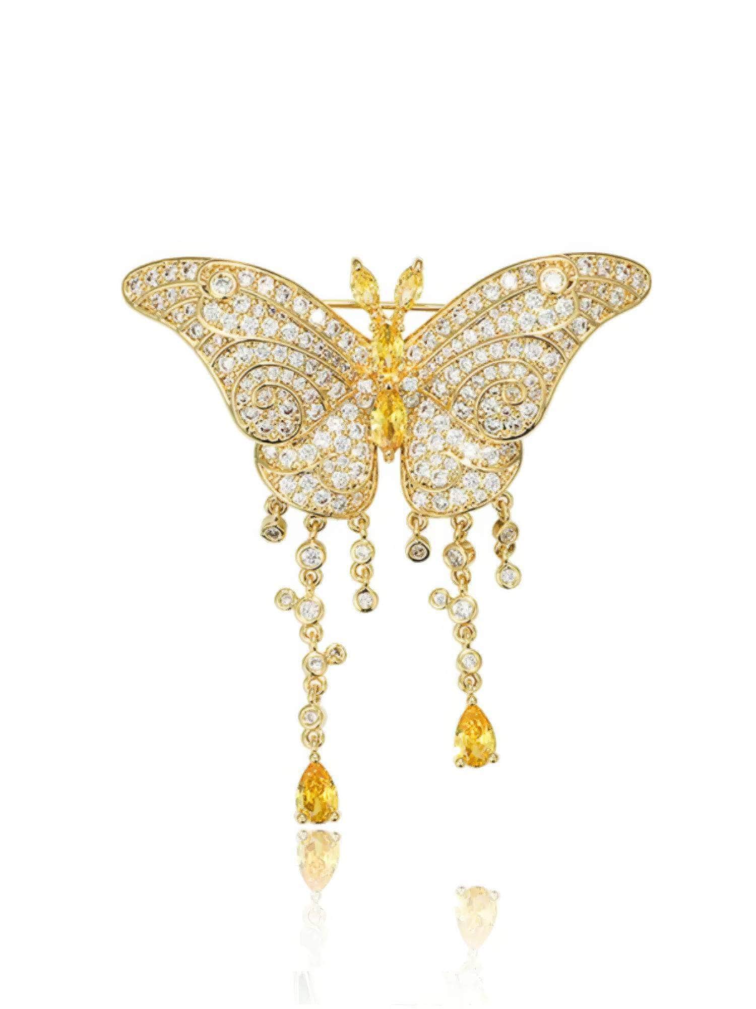 Butterfly Rhinestone Decor Tassel Diamante Brooch Gold
