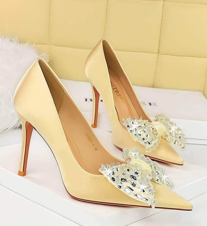 Butterfly Rhinestone Pointy Toes Satin Heels