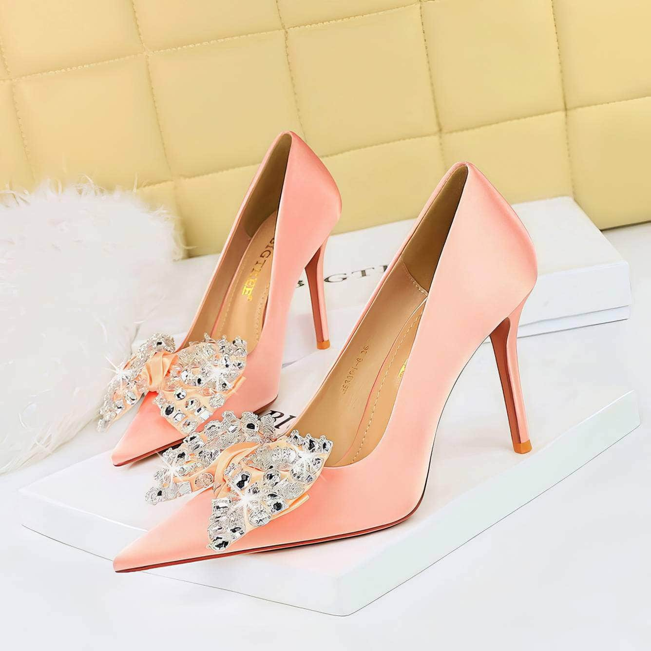 Butterfly Rhinestone Pointy Toes Satin Heels