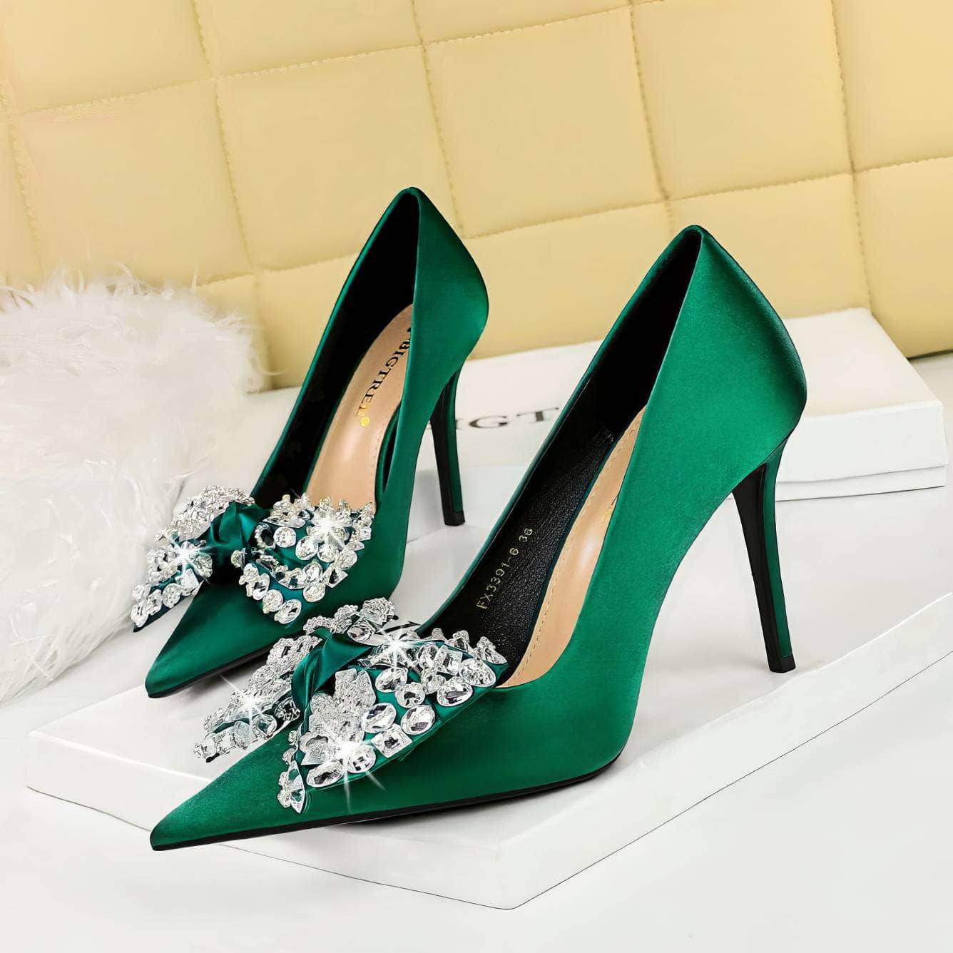 Butterfly Rhinestone Pointy Toes Satin Heels