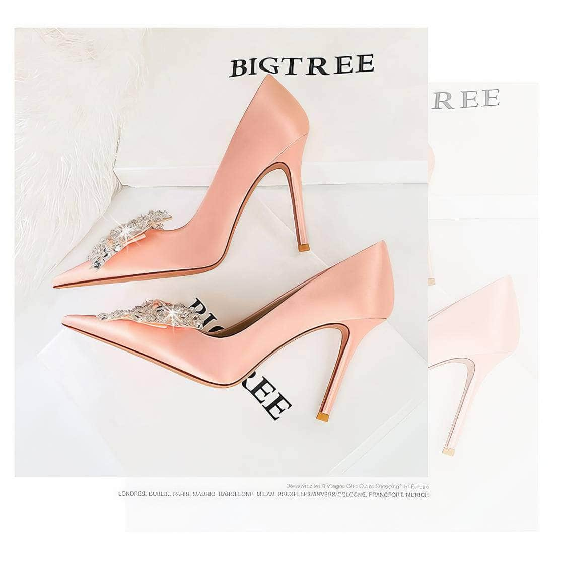 Butterfly Rhinestone Pointy Toes Satin Heels