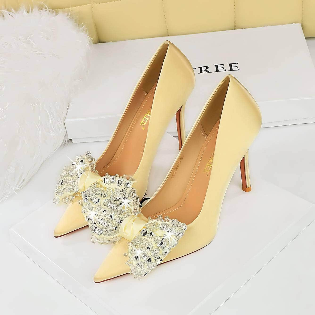 Butterfly Rhinestone Pointy Toes Satin Heels