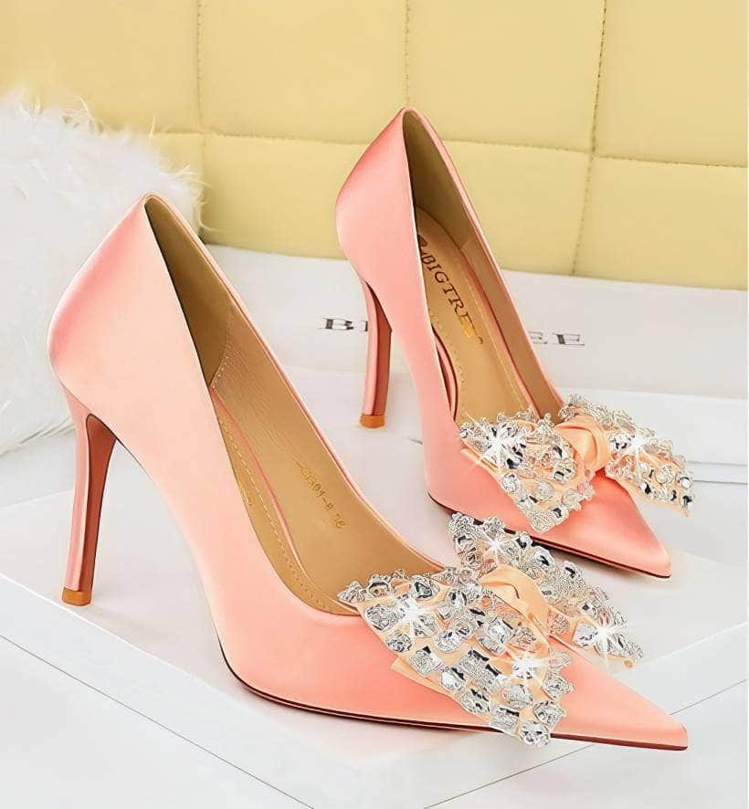 Butterfly Rhinestone Pointy Toes Satin Heels