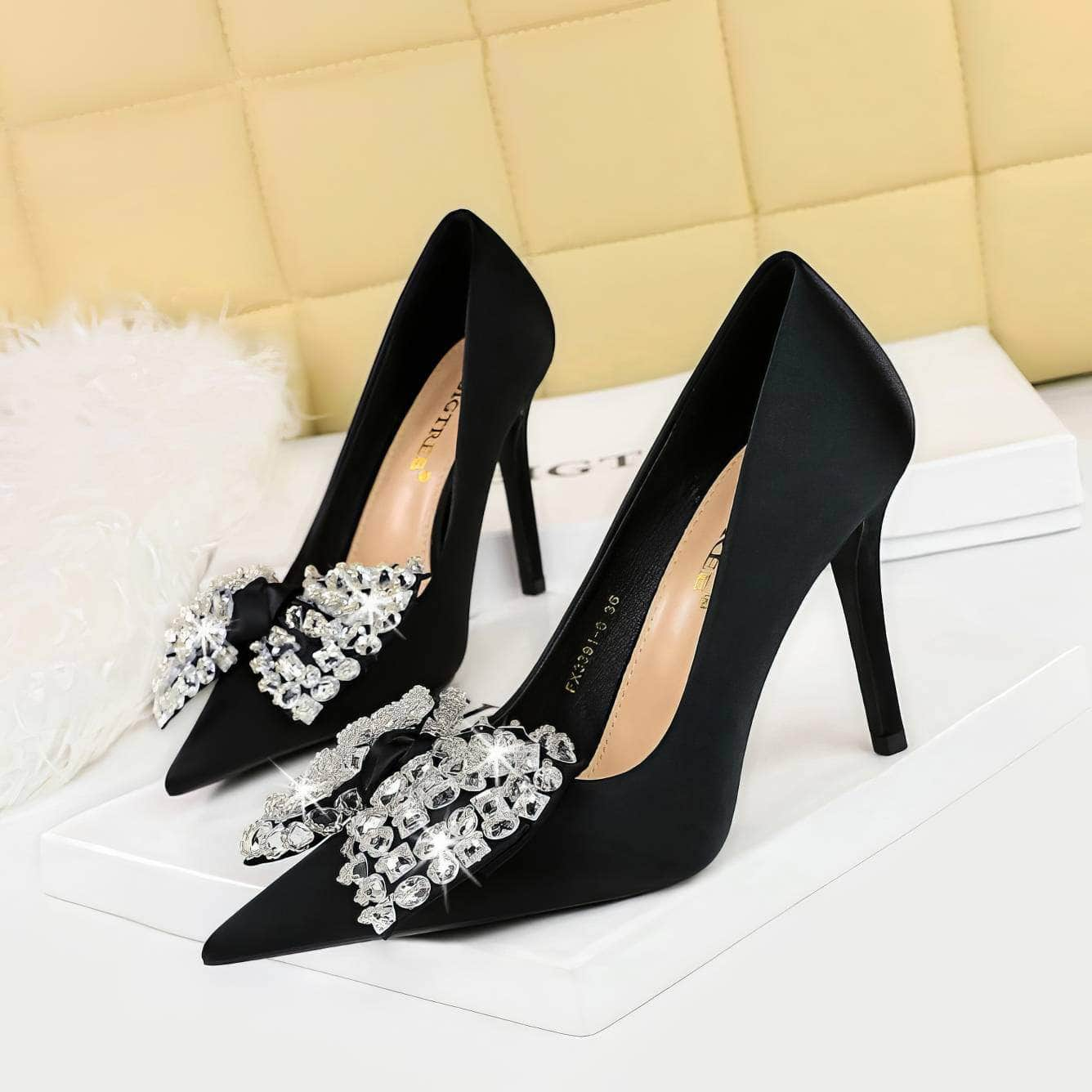 Butterfly Rhinestone Pointy Toes Satin Heels