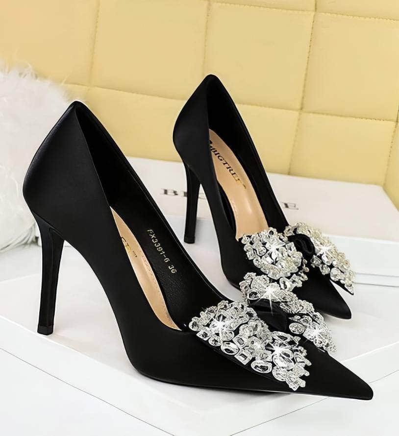 Butterfly Rhinestone Pointy Toes Satin Heels