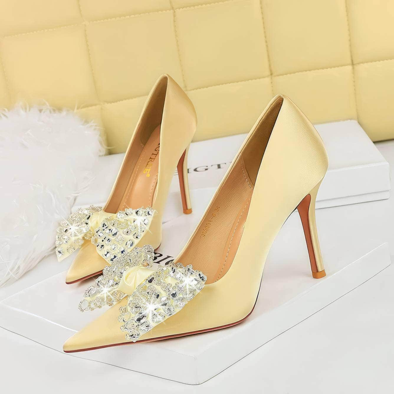 Butterfly Rhinestone Pointy Toes Satin Heels