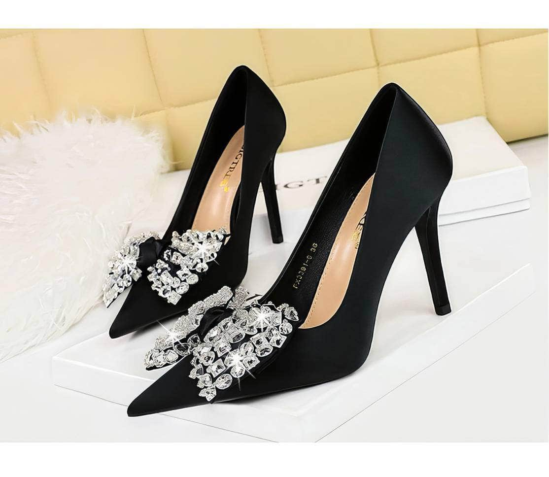 Butterfly Rhinestone Pointy Toes Satin Heels