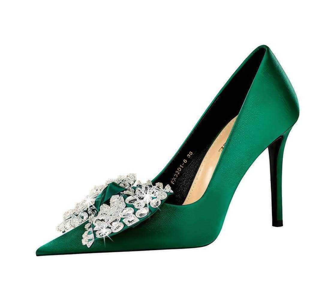 Butterfly Rhinestone Pointy Toes Satin Heels EU 33 / Green / 10CM