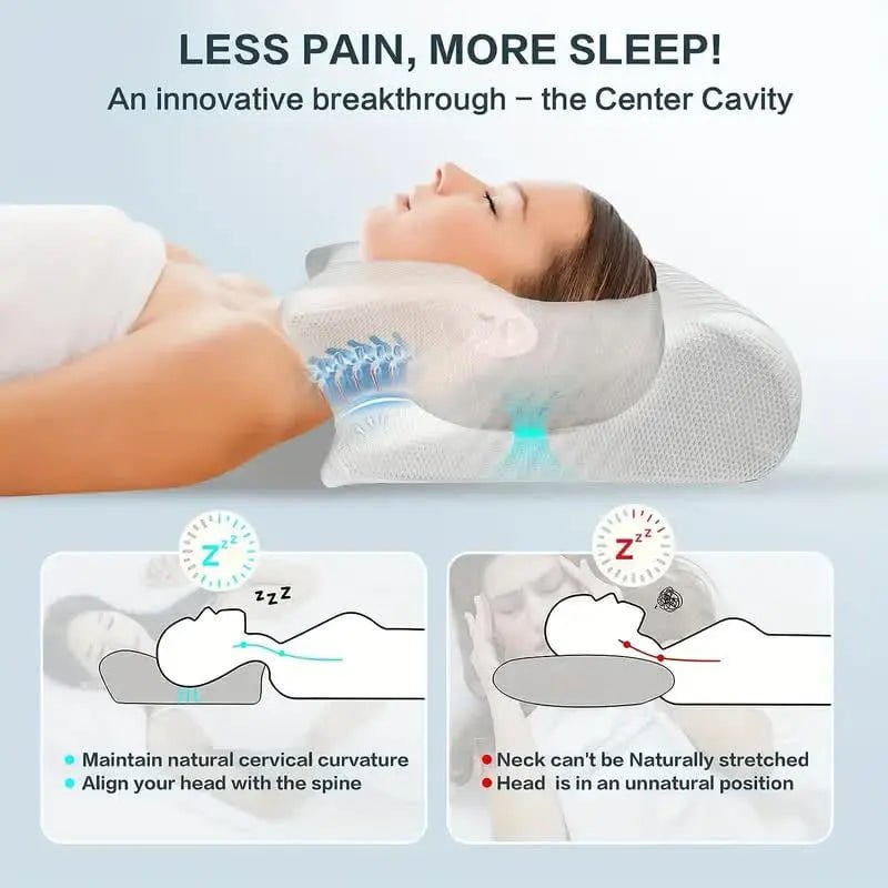 Butterfly Sleep Memory Neck Pillow - Slow Rebound Comfort, Memory Foam, Cervical Orthopedic Support, Neck Massage Bed Pillow Light Gray