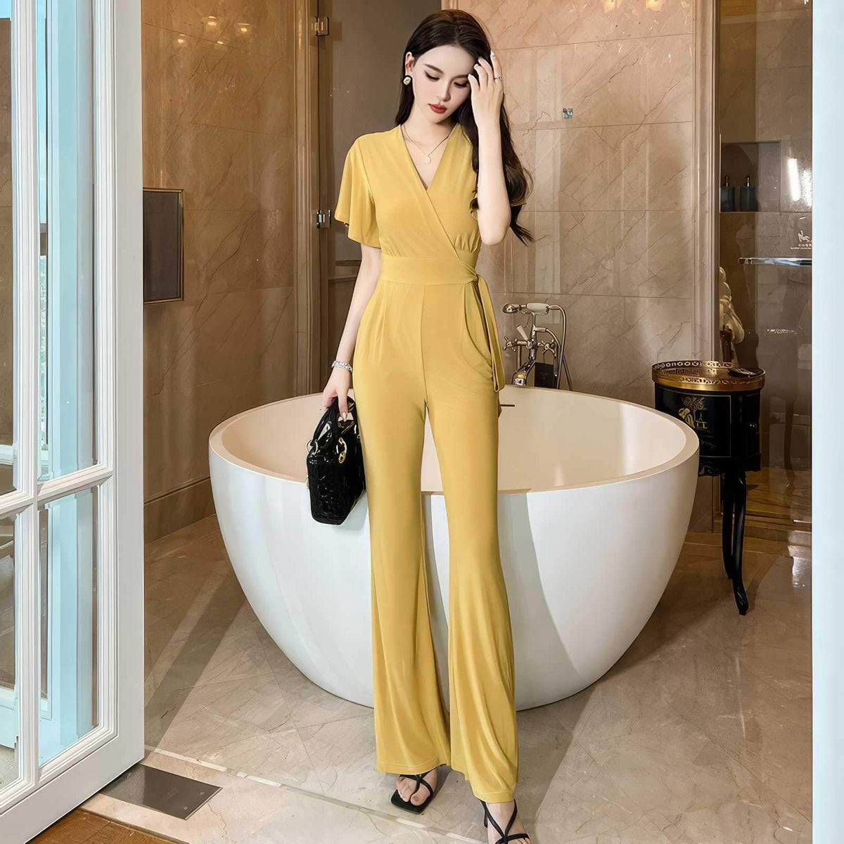 Butterfly Sleeve Knot Side Wide Leg Jumpsuit S / GoldenRod