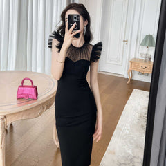 Butterfly Sleeves Mesh Round Neck Midi Dress