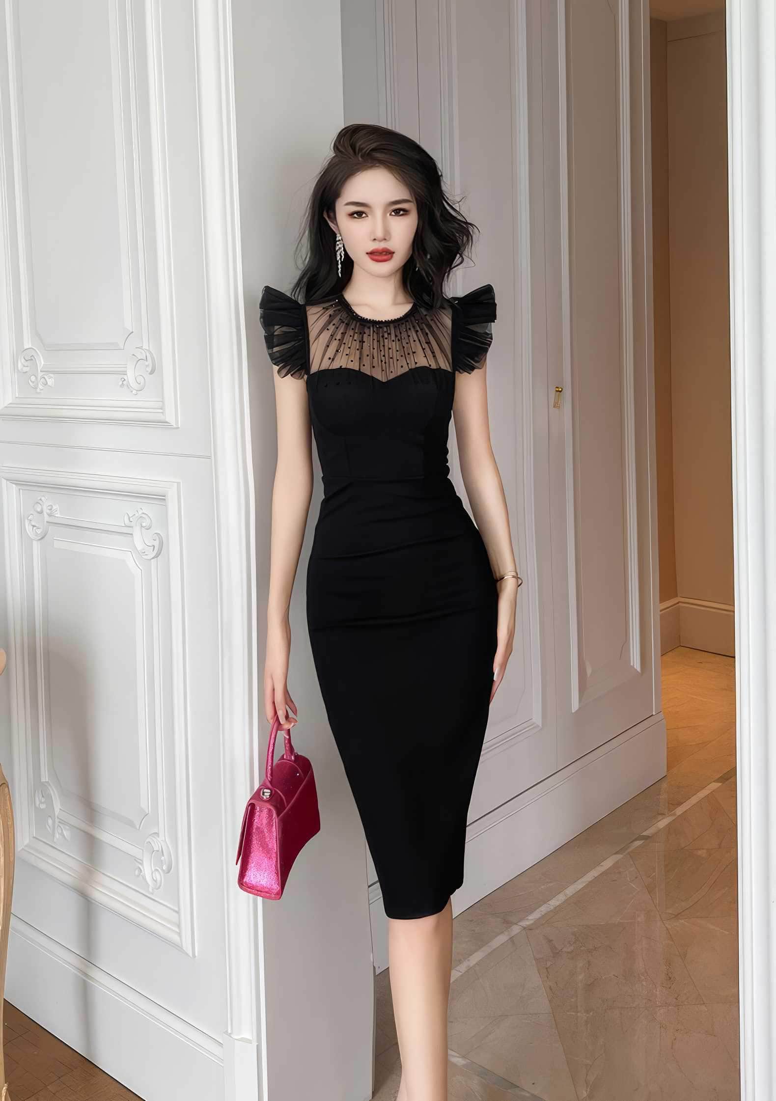 Butterfly Sleeves Mesh Round Neck Midi Dress