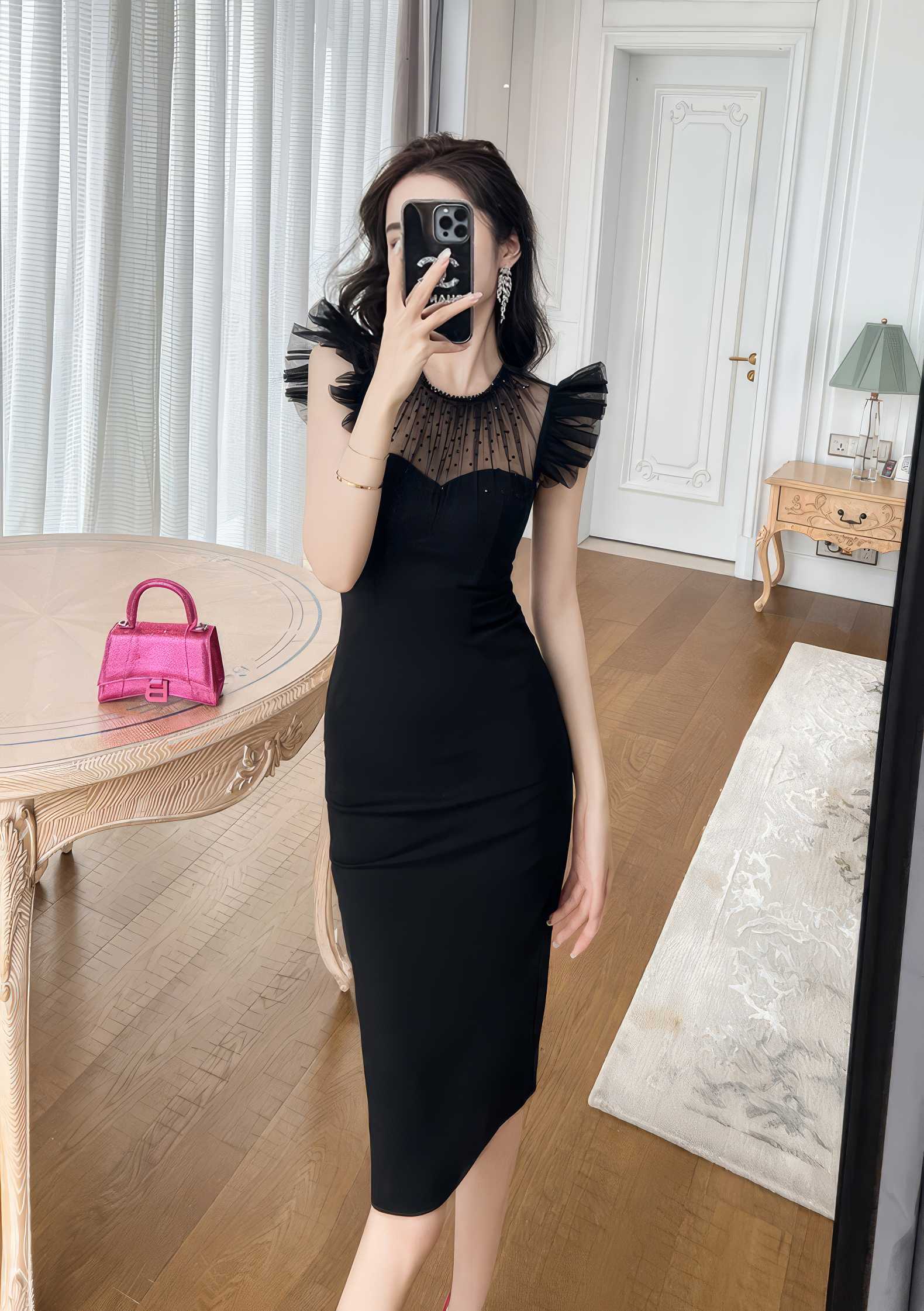 Butterfly Sleeves Mesh Round Neck Midi Dress S / Black