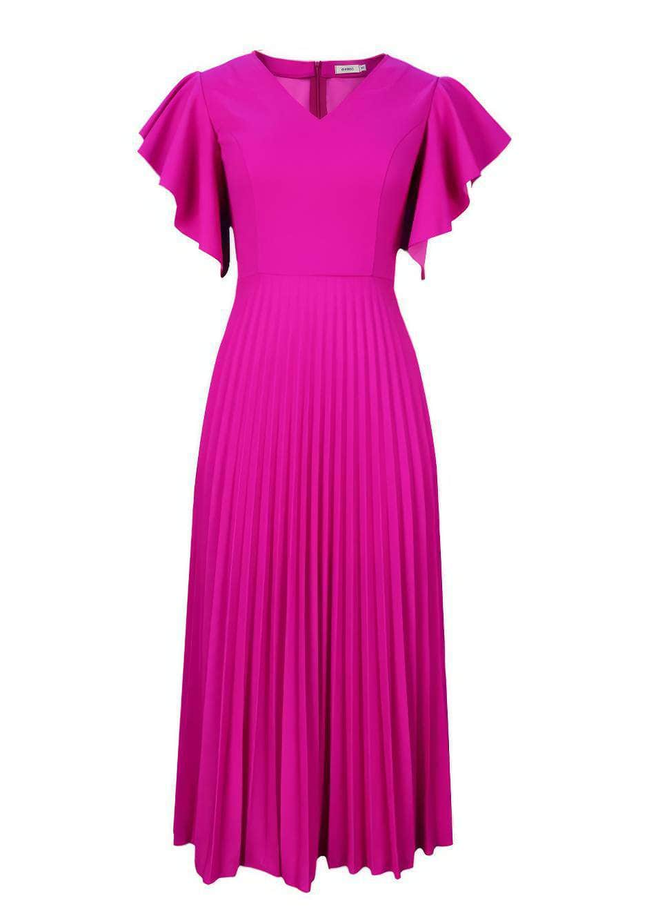 Butterfly Sleeves Pleated Hem V-Neck Dress