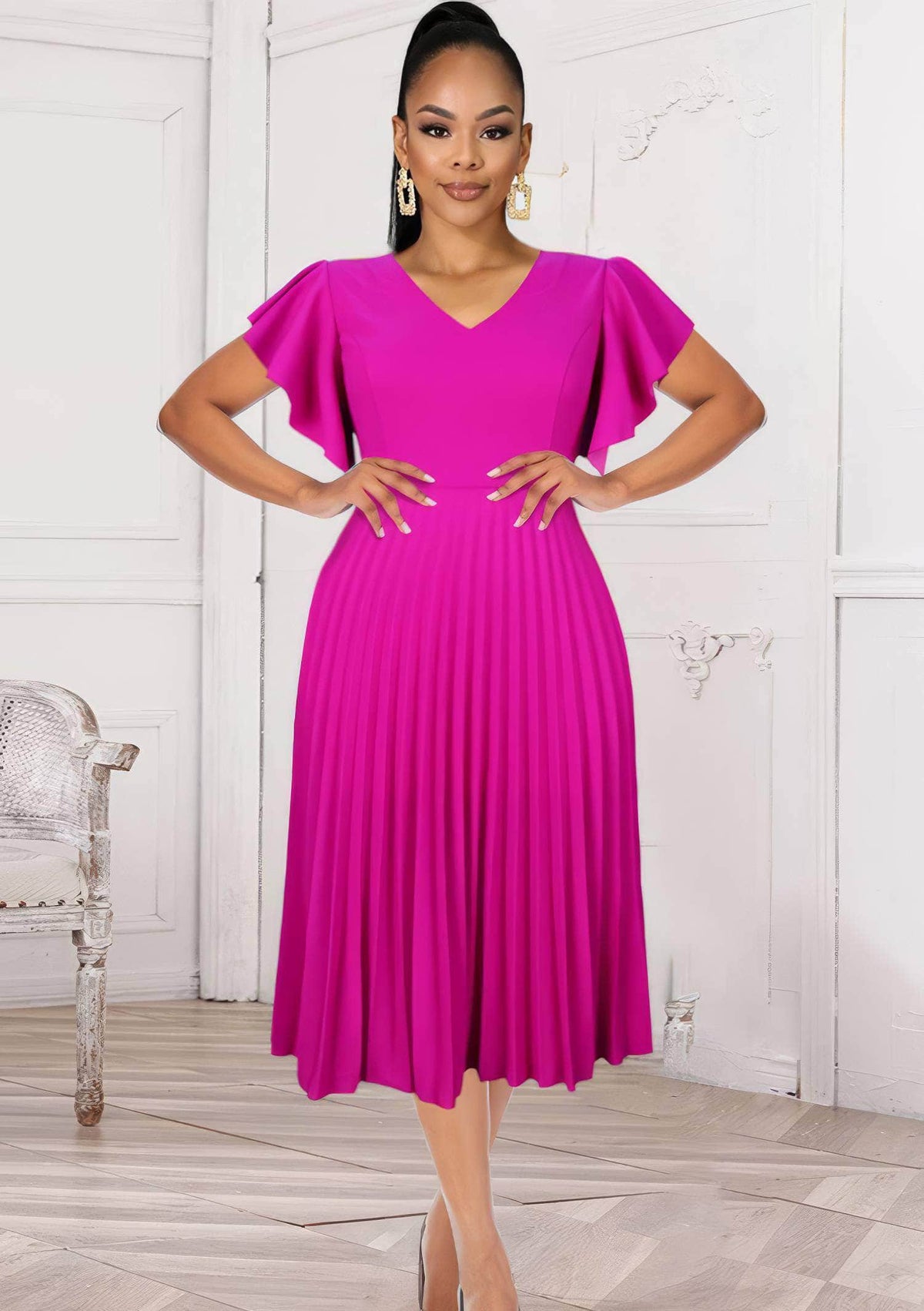 Butterfly Sleeves Pleated Hem V-Neck Dress US 4-6 / DeepPink