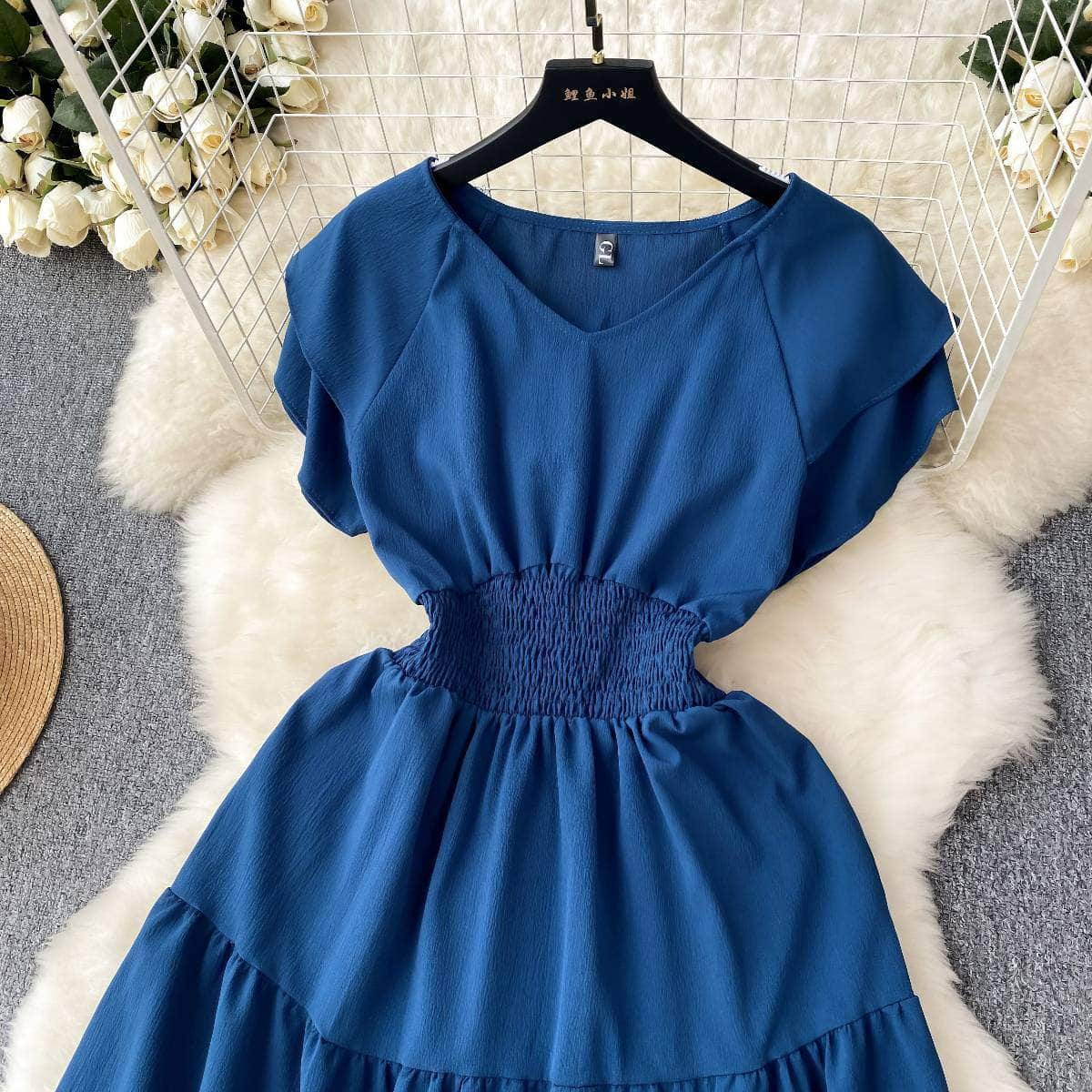 Butterfly Sleeves Ruched Waist Layered A-line Dress