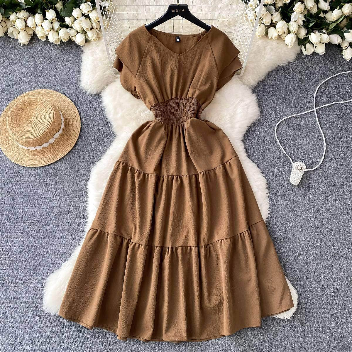 Butterfly Sleeves Ruched Waist Layered A-line Dress MAX SIZE / Brown