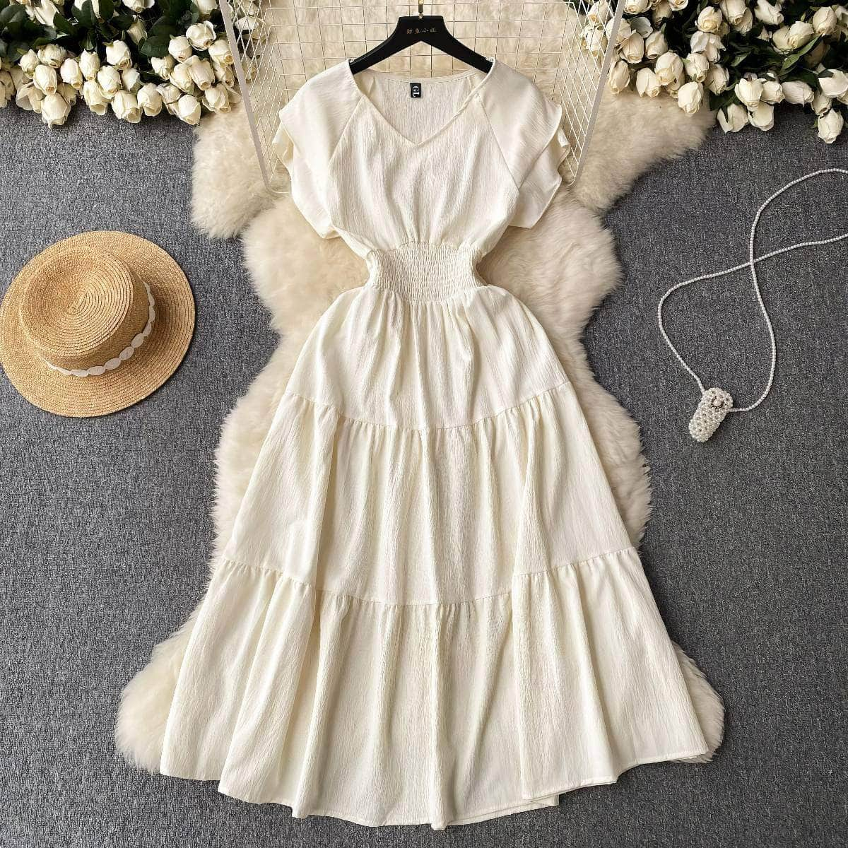 Butterfly Sleeves Ruched Waist Layered A-line Dress MAX SIZE / Ivory