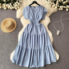 Butterfly Sleeves Ruched Waist Layered A-line Dress MAX SIZE / PowderBlue