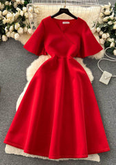 Butterfly Sleeves Ruffled A-line Dress S / Red