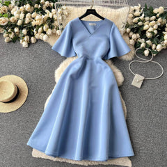 Butterfly Sleeves Ruffled A-line Dress S / SkyBlue