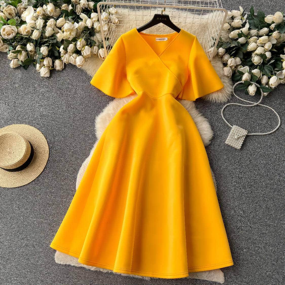 Butterfly Sleeves Ruffled A-line Dress S / Yellow