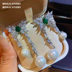 Butterfly Studded Drop Crystal Pearl Earrings Green