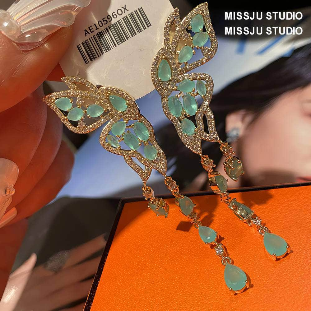 Butterfly Winged Tassel Gold Earrings Green