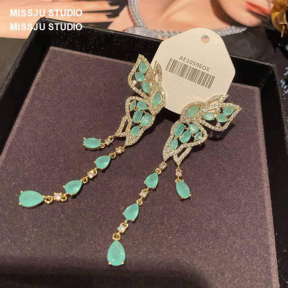 Butterfly Winged Tassel Gold Earrings Green