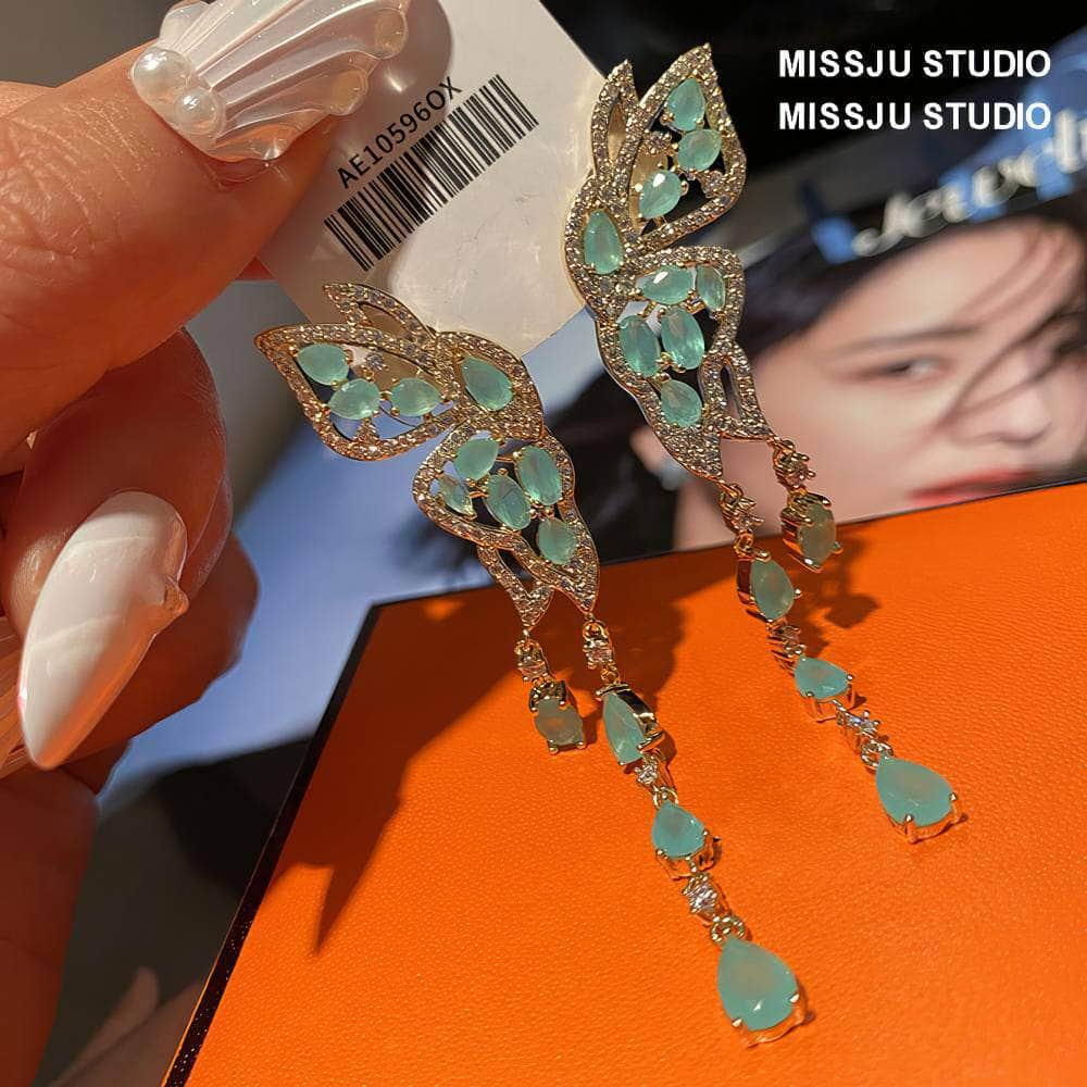 Butterfly Winged Tassel Gold Earrings Green