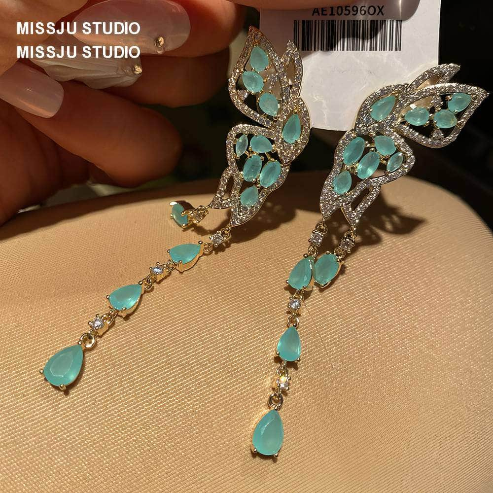 Butterfly Winged Tassel Gold Earrings Green