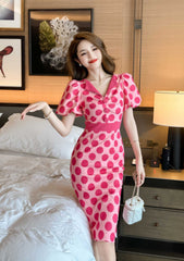 Button Detailed Flared Sleeves Polka Dot Dress