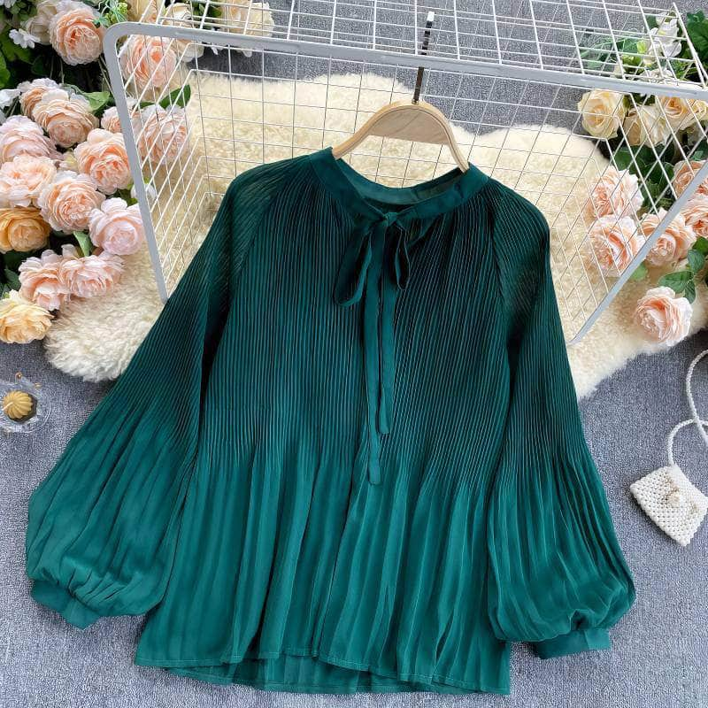 Button Detailed Lantern Sleeves Pleated Chiffon Blouse