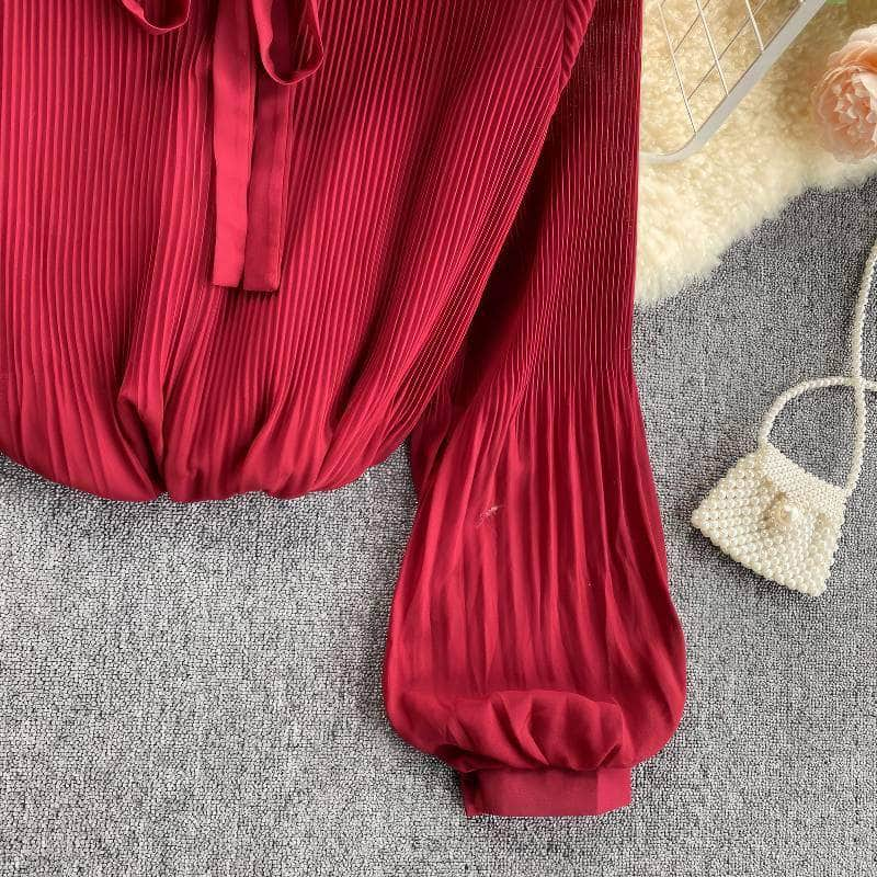 Button Detailed Lantern Sleeves Pleated Chiffon Blouse