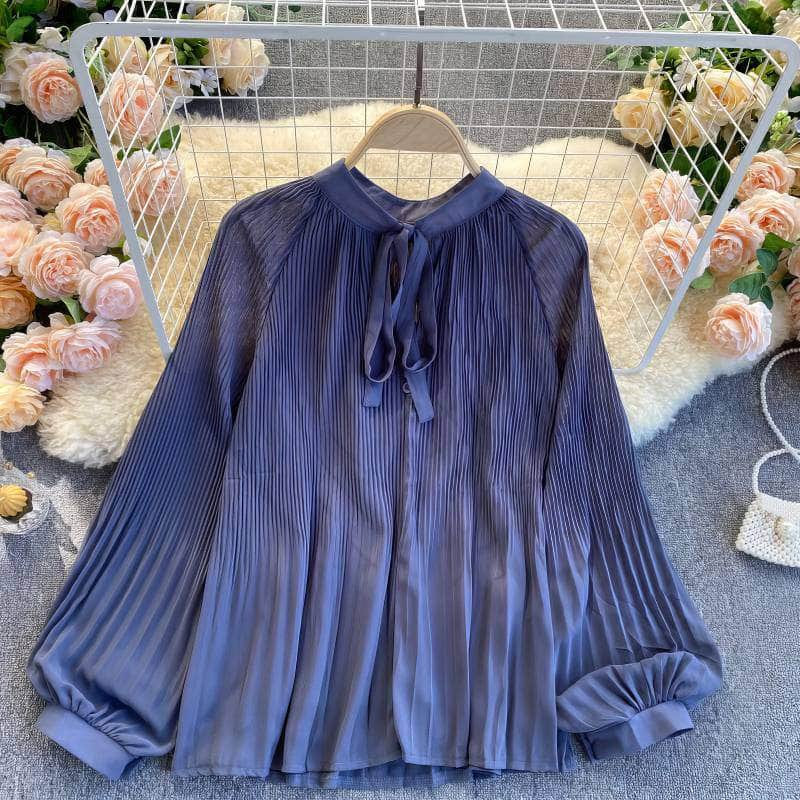 Button Detailed Lantern Sleeves Pleated Chiffon Blouse