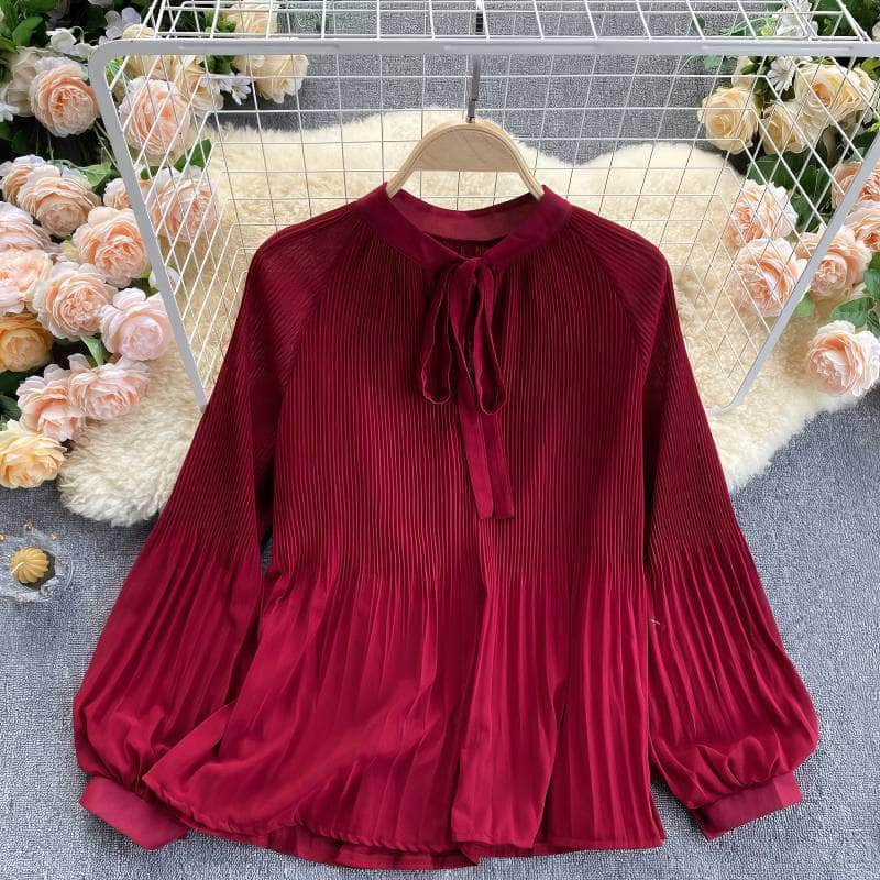 Button Detailed Lantern Sleeves Pleated Chiffon Blouse