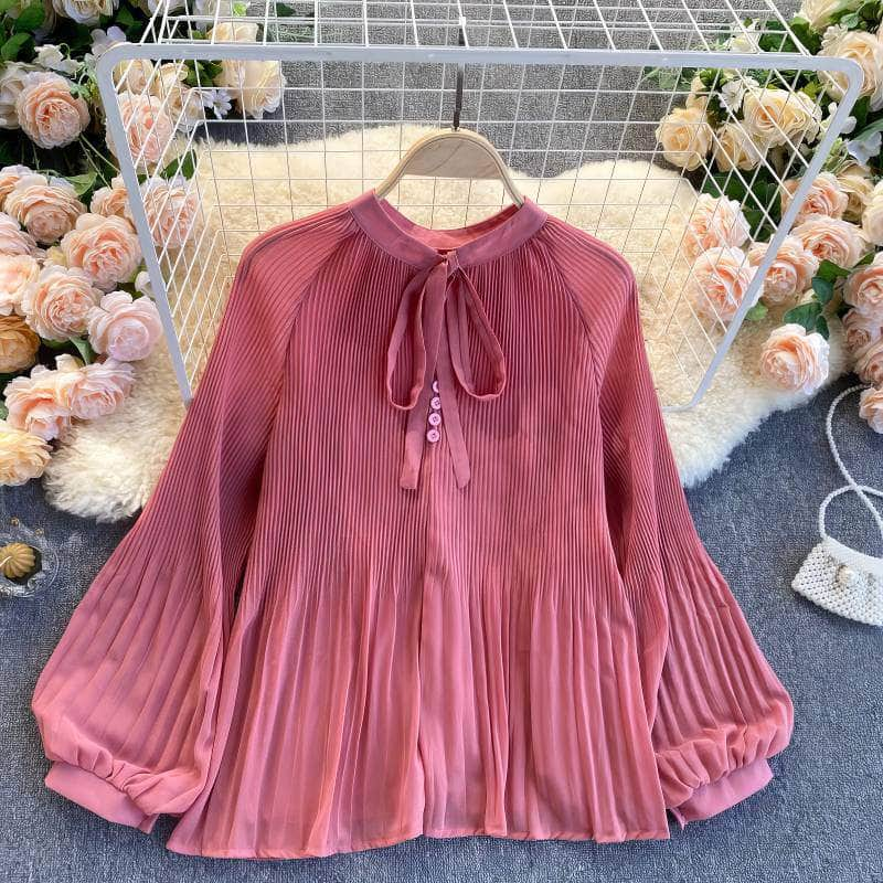 Button Detailed Lantern Sleeves Pleated Chiffon Blouse