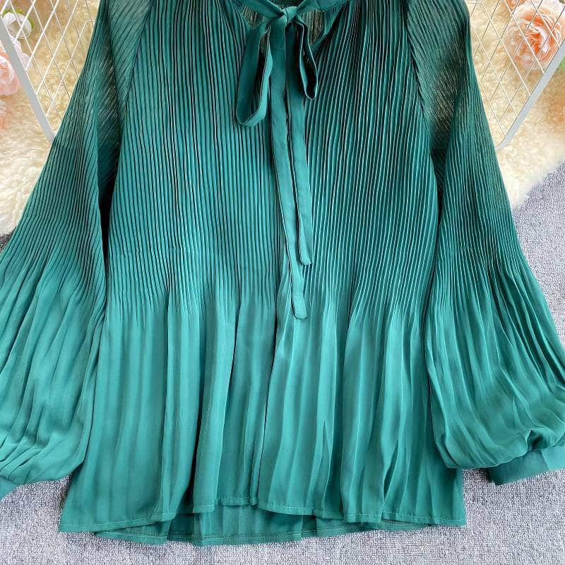 Button Detailed Lantern Sleeves Pleated Chiffon Blouse