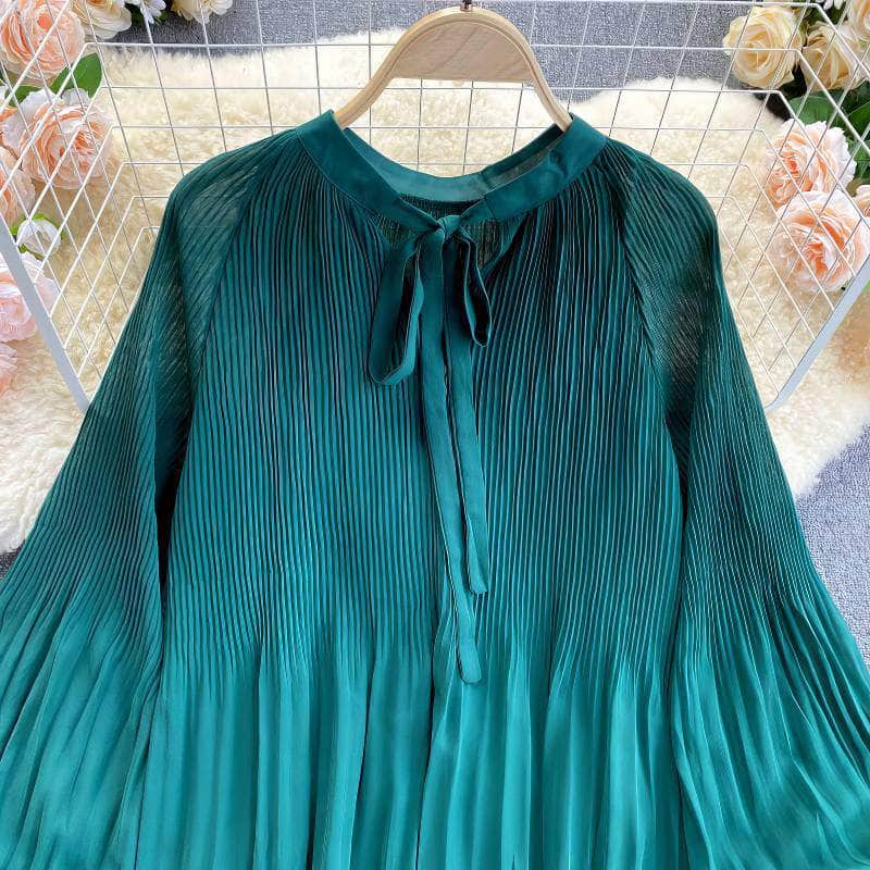 Button Detailed Lantern Sleeves Pleated Chiffon Blouse